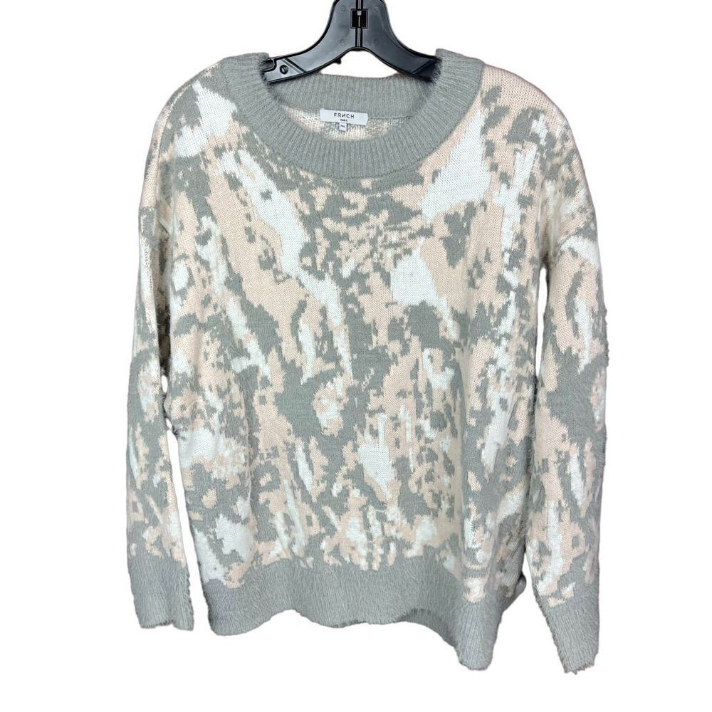 FRNCH Sweater Crew Neck Oversized Grey Peach White Abstract Print M/L